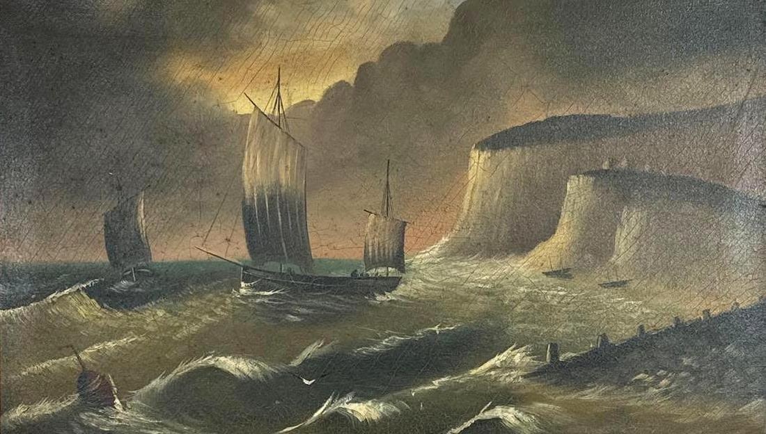 19TH CENTURY BRITISH SCHOOL ANTIQUE OIL ON CANVAS SEASCAPE PAINTING: Antique 19th-century maritime oil painting on canvas depicting sailing vessels navigating rough seas near white cliffs, housed in a 29x20-inch wood frame Approximate Dimensions: 26x16”; frame 29