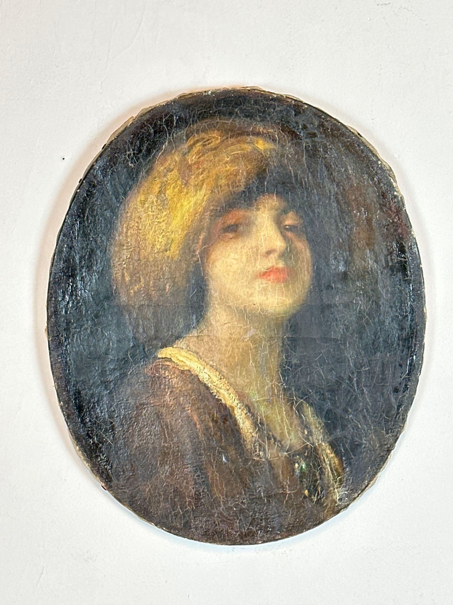 19TH CENTURY EUROPEAN SCHOOL ANTIQUE OVAL OIL ON CANVAS PORTRAIT PAINTING: Antique 19th-century oval oil on canvas portrait depicting a young woman with an elaborate yellow headpiece or hat, with prominent fine surface craquelure Approximate Dimensions: 18” x 14”