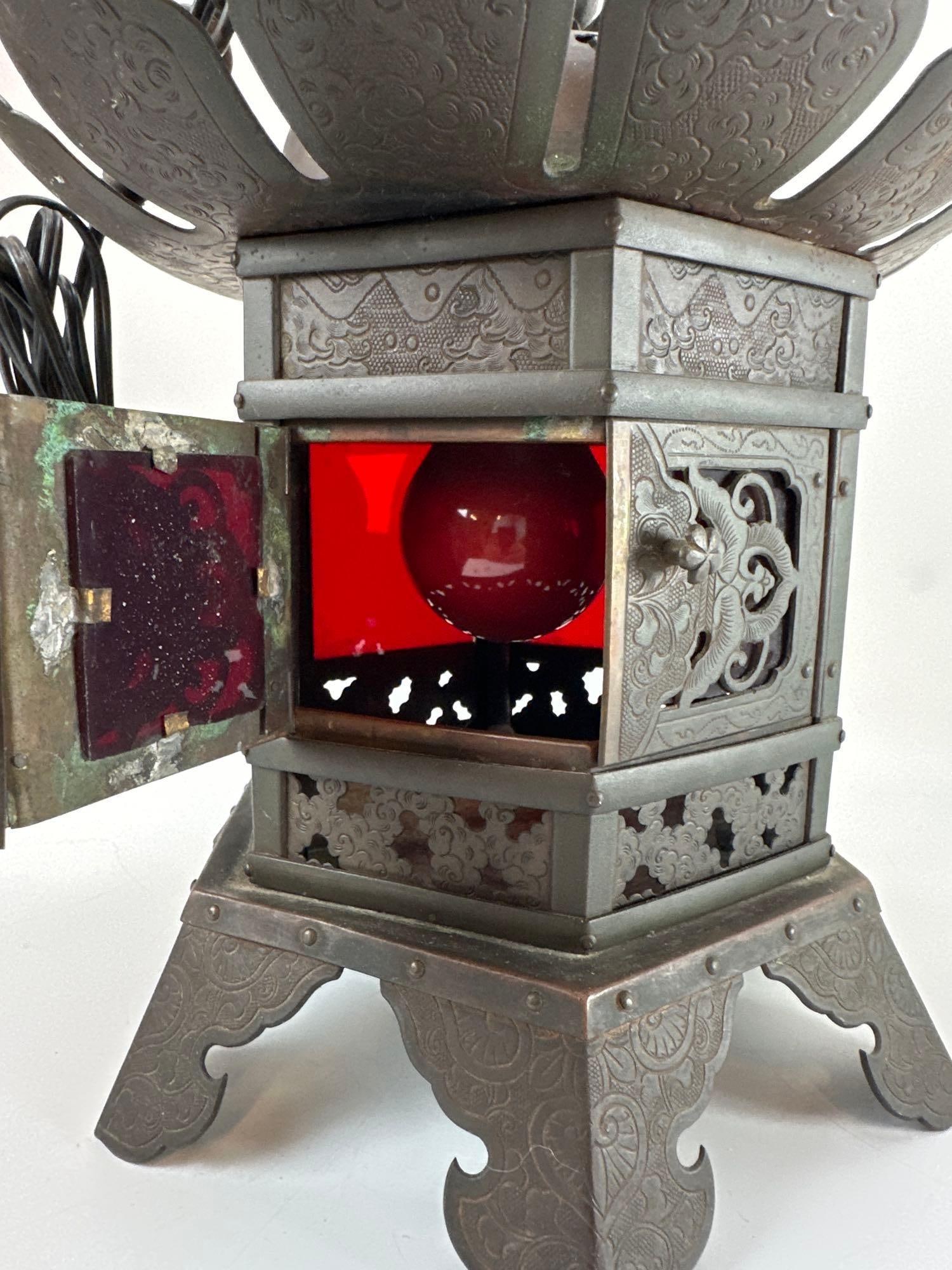 JAPANESE MEIJI PERIOD PATINATED BRONZE SEIDO-TORO HANGING LANTERN: Vintage Japanese hexagonal patinated bronze garden lantern with reticulated lattice panels, a hinged door, and a traditional double-layered pagoda roof form Approximate Dimensions: 10”diameter x