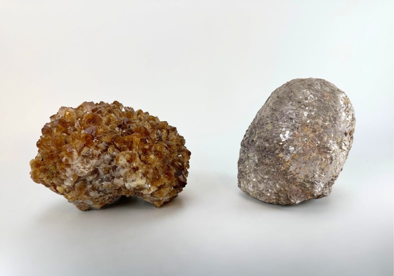 NATURAL YELLOW FLUORITE CLUSTER AND PYRITE MINERAL SPECIMENS: Lot of two natural geological mineral specimens. Approximate Dimensions: 5” x 6” x 4" Artist or Maker: Unknown Provenance: A New York Collector Notes: Although care is taken to photogr