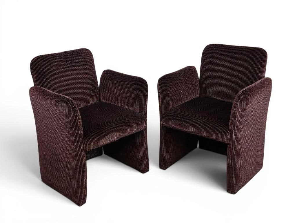 PAIR OF MID-CENTURY MODERN ESPRESSO CHENILLE CLUB CHAIRS, MILO BAUGHMAN STYLE (LOT 2 OF 4): *Pair of vintage mid-century modern style block-base upholstered lounge armchairs in dark brown plush chenille fabric Approximate Dimensions: 32.75"h x 26"w x 23"d Artist or Maker: Unknown
