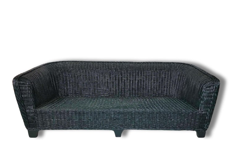LARGE GREEN WALTER'S WICKER SOFA: A mid-century style tightly woven dark green rattan wicker three-seat sofa with a continuous rolled back and armrest design supported by short block feet. Painted in a Fine Paints of Europe deep green