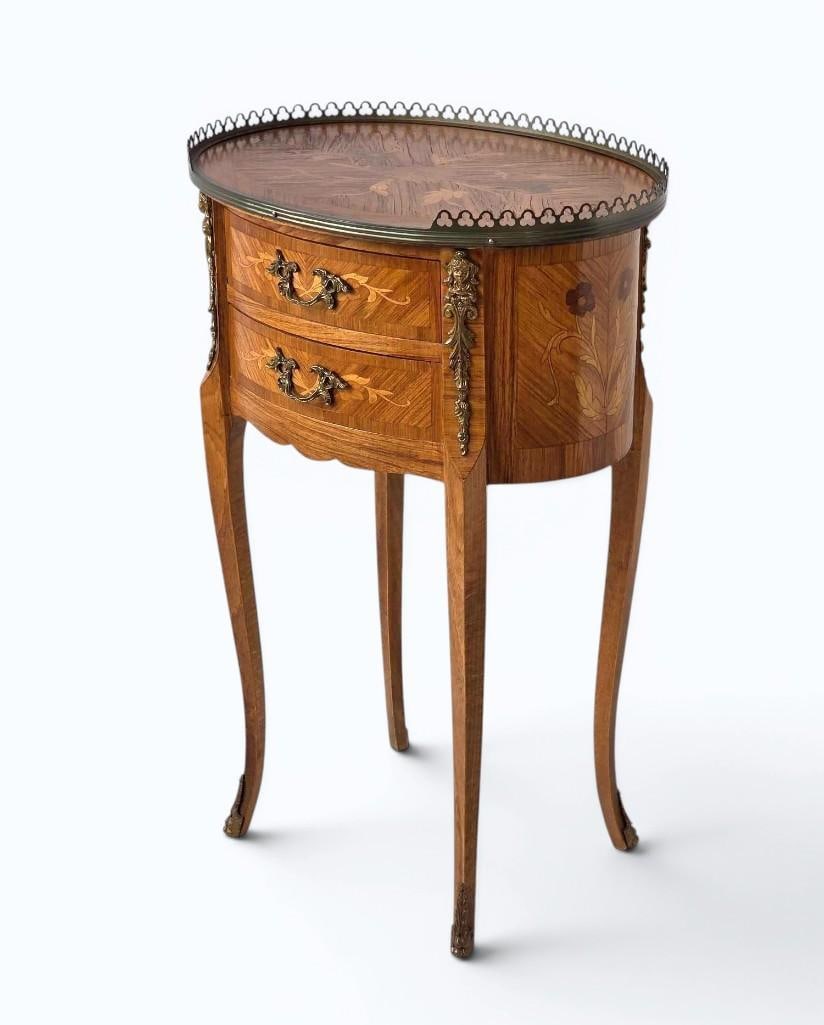 FRENCH LOUIS XV STYLE MARQUETRY INLAID BRONZE MOUNTED TWO DRAWER OVAL SIDE TABLE (1 of 16)