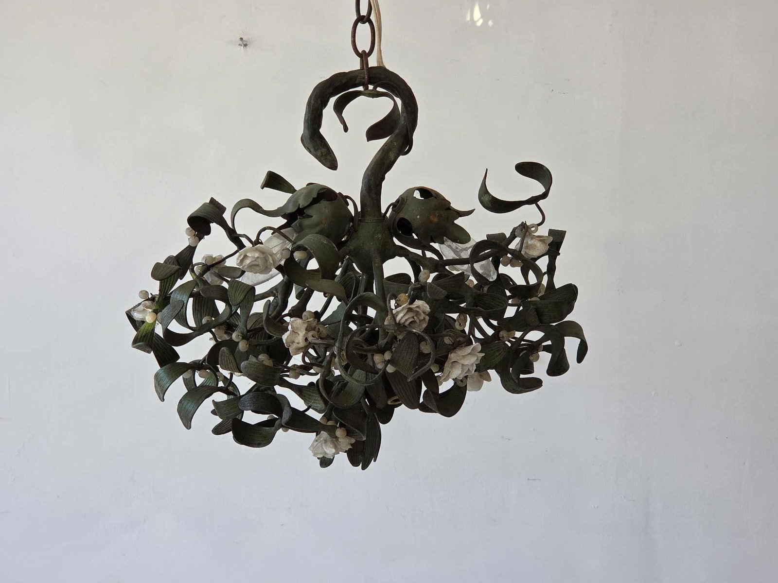ART NOUVEAU GILT METAL MISTLETOE CHANDELIER LIGHT FIXTURE: Antique French Art Nouveau bronze "Boule de Gui" 6 light chandelier, circa 1900, featuring detailed mistletoe branches with milky opaline glass berries. Approximate Dimensions: 14"h H X 17