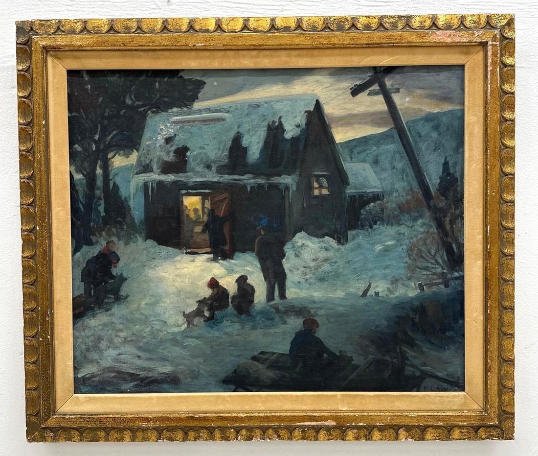 PAULINE ELIZABETH LAW (AMER. 1908–1998) OIL ON CANVAS "WINTER SCENE": Vibrant mid-century oil on canvas landscape painting by listed American artist Pauline Elizabeth Law. Approximate Dimensions : Framed 29.5”x25” - unframed 24”x20” Artist or Mak