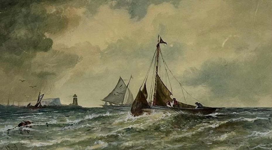 RUSSELL 1899 ANTIQUE MARITIME WATERCOLOR OF SAILBOAT AND LIGHTHOUSE (1 of 8)