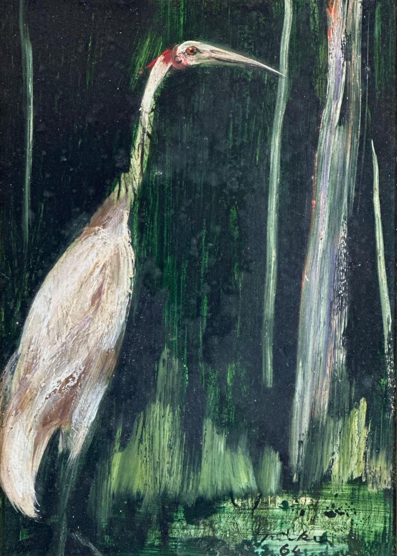 ALBERT TUCKER SIGNED ORIGINAL CRANE BIRD OIL PAINTING AVIAN ARTWORK: *An original expressionist oil painting on board depicting a crane in a dark forest setting, signed and dated. Approximate Dimensions: 15”x19” unframed 10”x13” Artist or Maker: