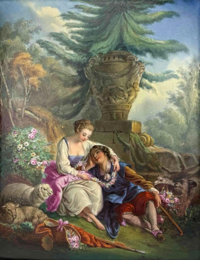 LARGE KPM QUALITY HAND-PAINTED FRAMED PORCELAIN PLAQUE : *An exceptional, large 19th-century European hand-painted porcelain plaque after François Boucher's classical Rococo pastoral scene, depicting a young shepherdess weaving a flower garland around 