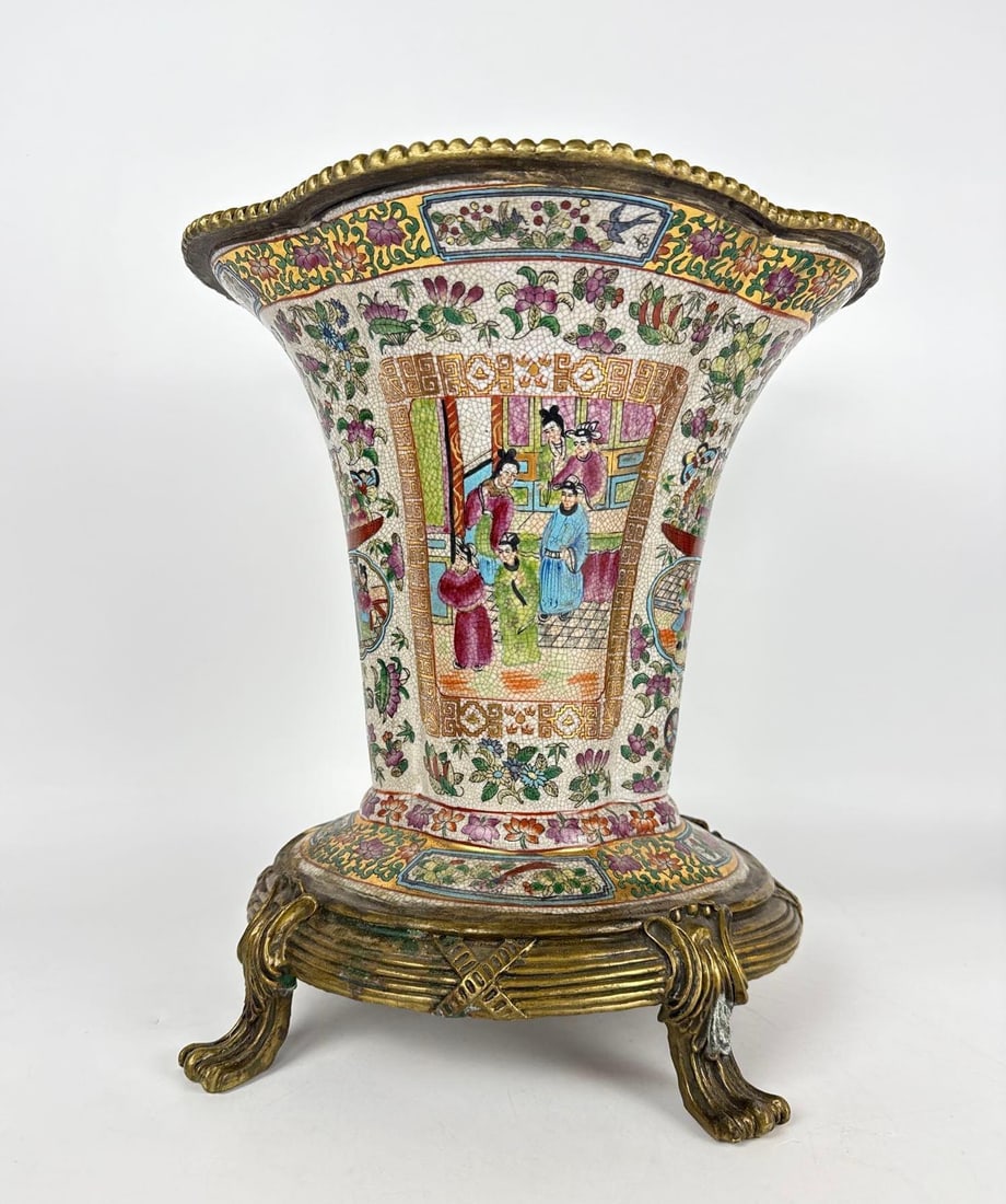 RARE VINTAGE CHINESE EXPORT FAMILLE ROSE PORCELAIN VASE ON FOOTED BRONZE BASE: *Ornate hand-painted Cantonese style ceramic vessel with crackle glaze and decorative floral borders mounted with bronze mounted rim and bronze or brass attached pedestal stand Approximate Dimensions: