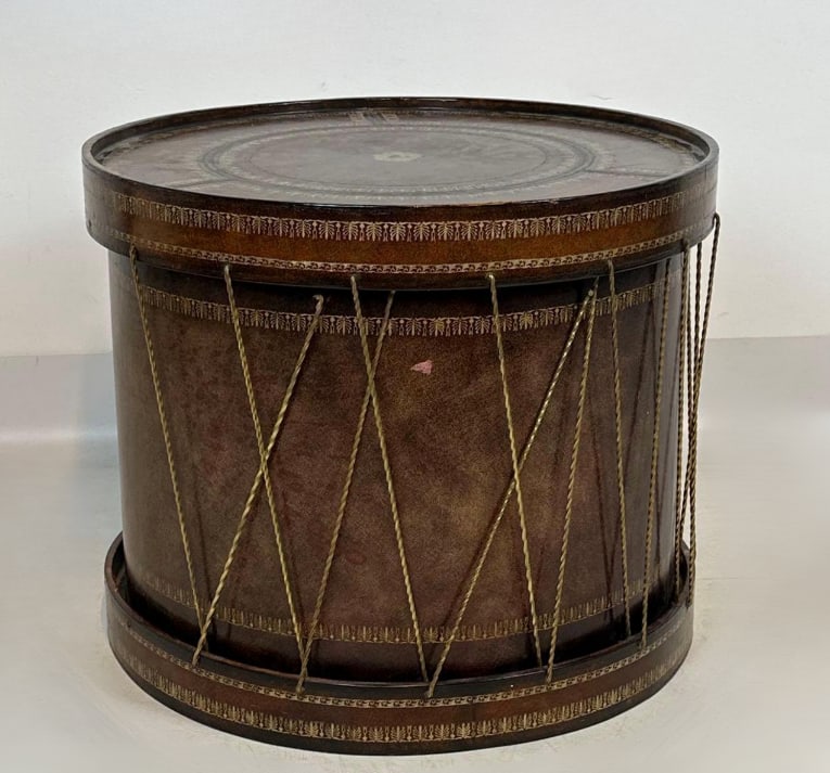 MAITLAND SMITH STYLE VINTAGE REGENCY STYLE LEATHER AND GILT DRUM SIDE TABLE: Round Hollywood Regency military drum form accent table Approximate Dimensions: 22”diameter x 18” Artist or Maker: Unknown Provenance: A New York Collector<