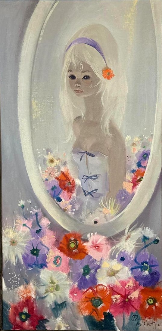 IGOR PANTUHOFF MID CENTURY MODERN BIG EYE BLONDE GIRL OIL PAINTING: Mid-century stylized oil on canvas painting by Russian-American artist Igor Pantuhoff depicting a blonde woman with distinct large eyes reflected in an oval mirror surrounded by vibrant multi-colored 