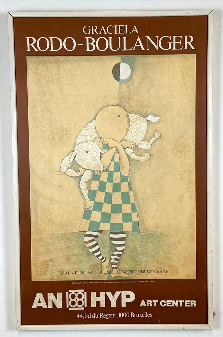 VINTAGE 1976 GRACIELA RODO BOULANGER ANHYP ART CENTER EXHIBITION POSTER: A framed, 1976 Belgian ANHYP Art Center gallery poster depicting a stylized child carrying a white lamb under a multi-toned moon. Approximate Dimensions: 40"L x 25”W Artist or Maker: Graciel