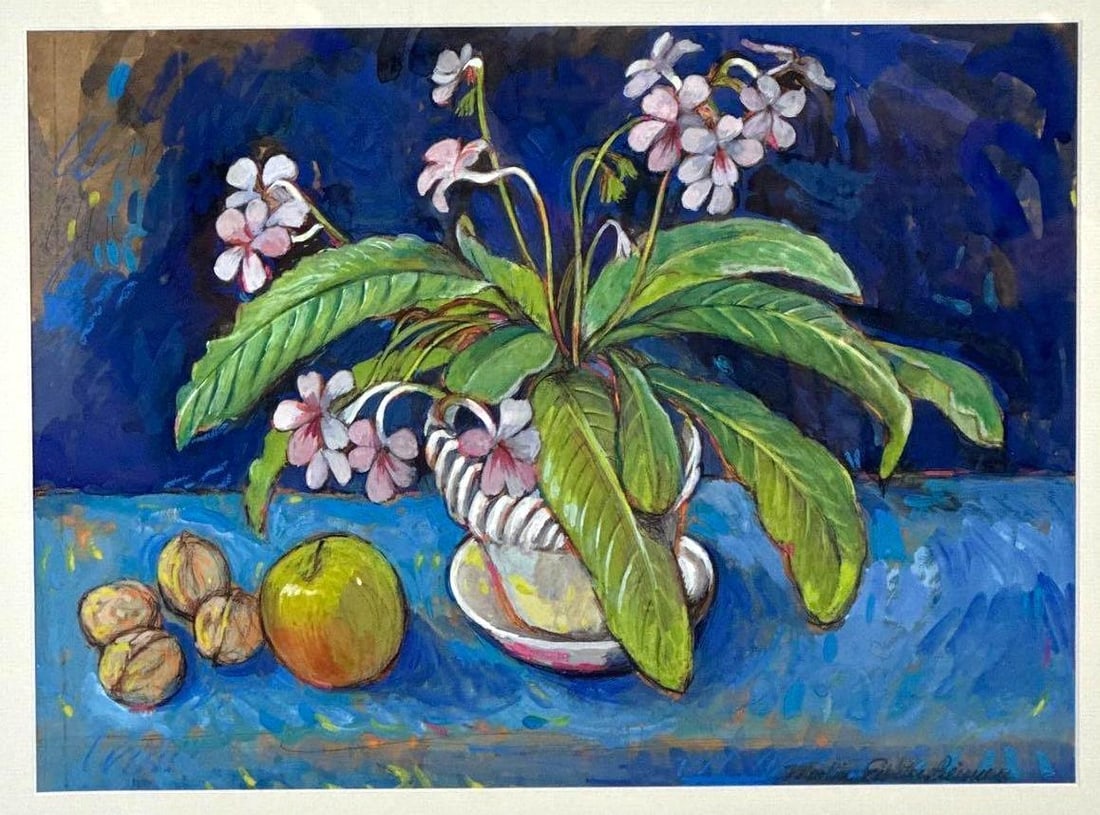 FRAMED FLORAL STILL LIFE GOUACHE PAINTING, SIGNED: A framed, colorful still life gouache painting depicting a potted primrose plant alongside a green apple and scattered walnuts over a vibrant blue background. Art Approximate Dimensions: 12"L x 16