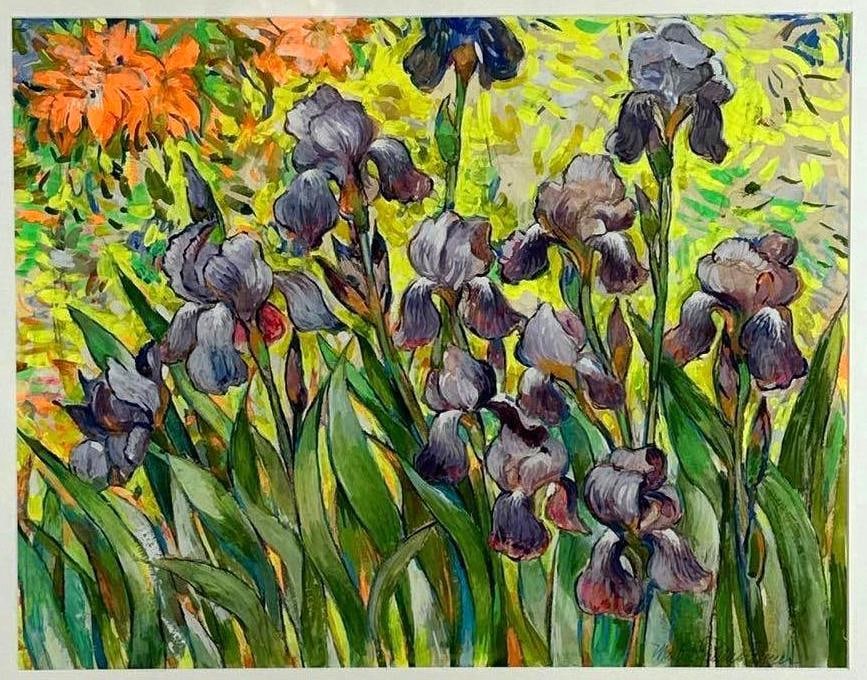 STILL LIFE FIELD OF IRIS FLOWERS SIGNED GOUACHE PAINTING: A framed, original painting depicting a vibrant still life field of purple iris flowers. Signed. Art Approximate Dimensions: 19"L x 24”W Overall Approximate Dimensions: 27"L x 32"W A