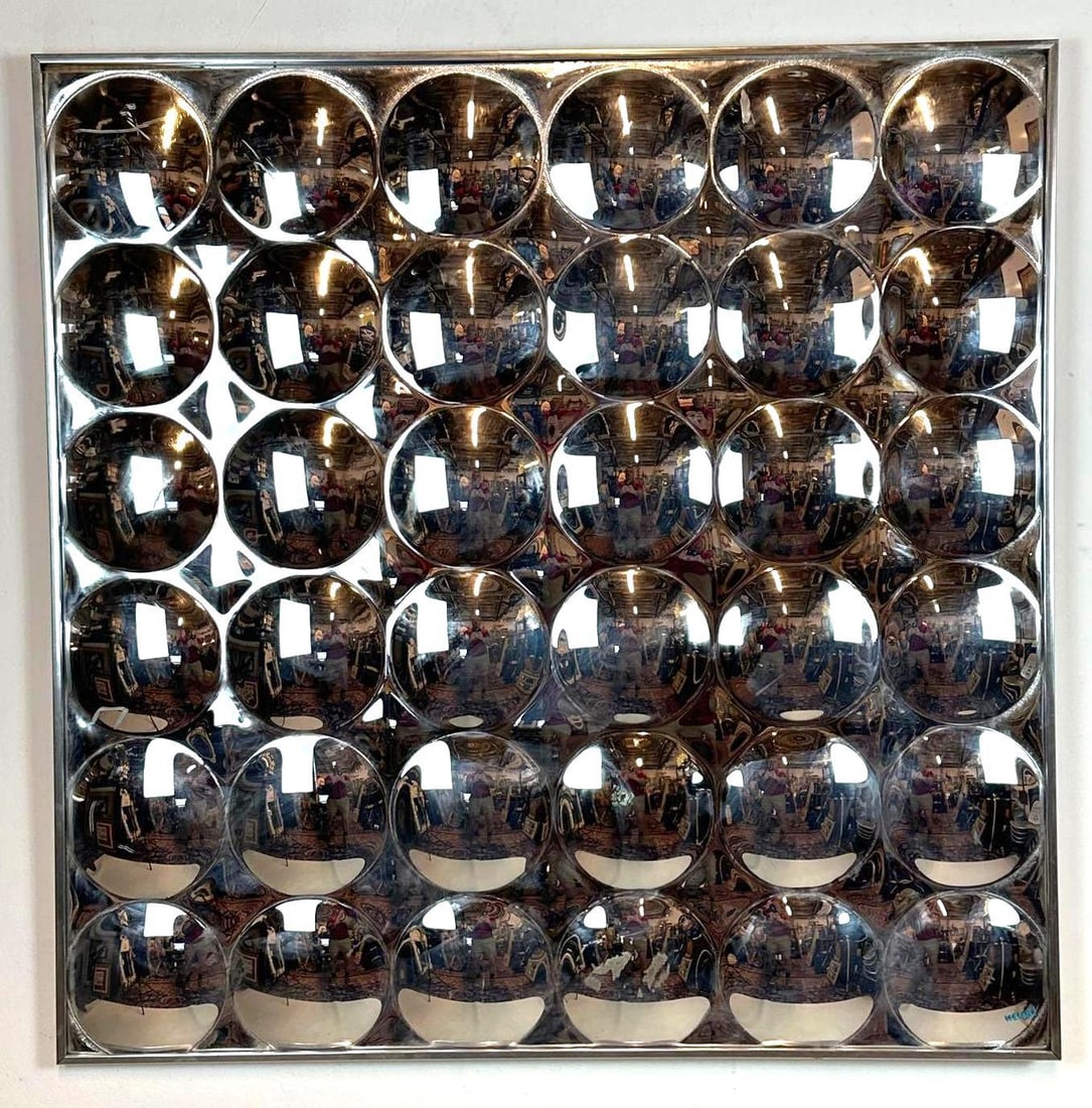 MID CENTURY TURNER STYLE POP ART CONVEX BUBBLE WALL MIRROR: A mid-century, space age square wall art installation grid of thirty-six reflective convex bubble mirrors within a slim metallic frame. Approximate Dimensions: 36”L x 36”W Artist or Maker: