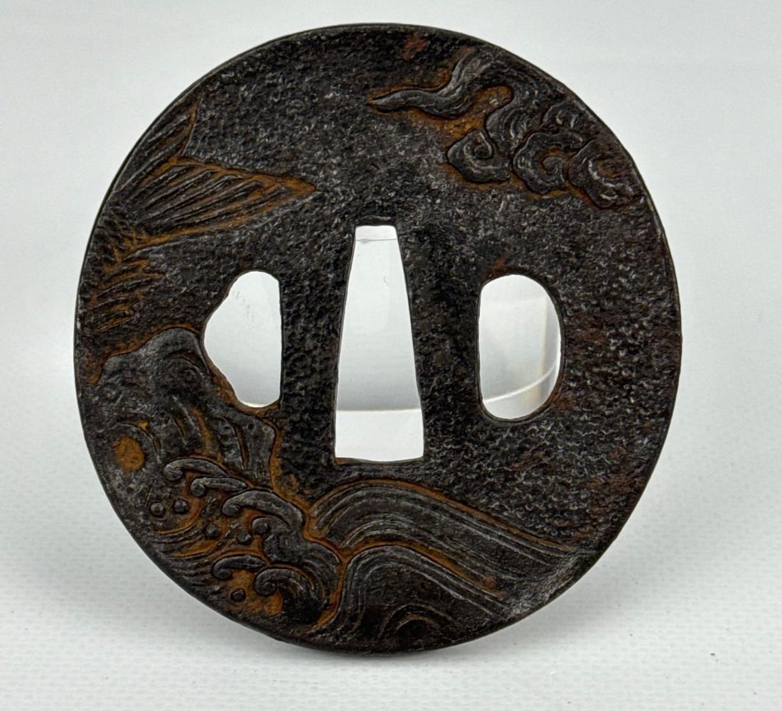 JAPANESE ANTIQUE EDO PERIOD IRON DRAGON AND WAVES KATANA TSUBA (1 of 3)