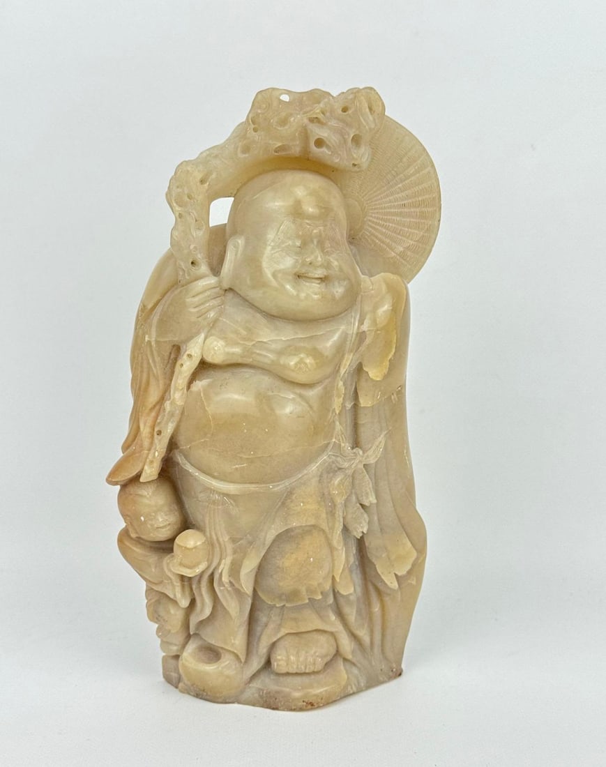 CHINESE ANTIQUE CARVED SOAPSTONE BUDAI HOTEI WITH CHILD STATUE (1 of 11)