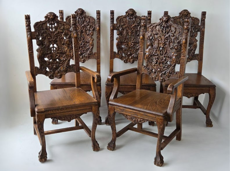 SET OF 6 ANTIQUE RENAISSANCE REVIVAL JACOBEAN STYLE HEAVILY CARVED OAK DINING CHAIRS (1 of 17)