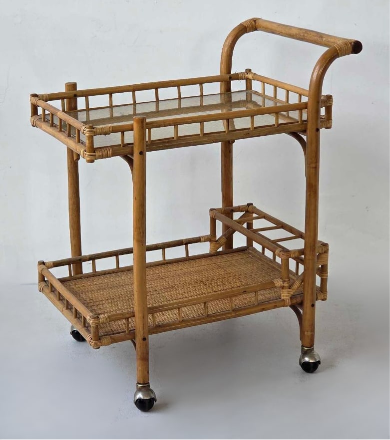 VINTAGE MID-CENTURY MODERN BAMBOO AND RATTAN BAR CART IN THE STYLE OF FRANCO ALBINI (1 of 12)