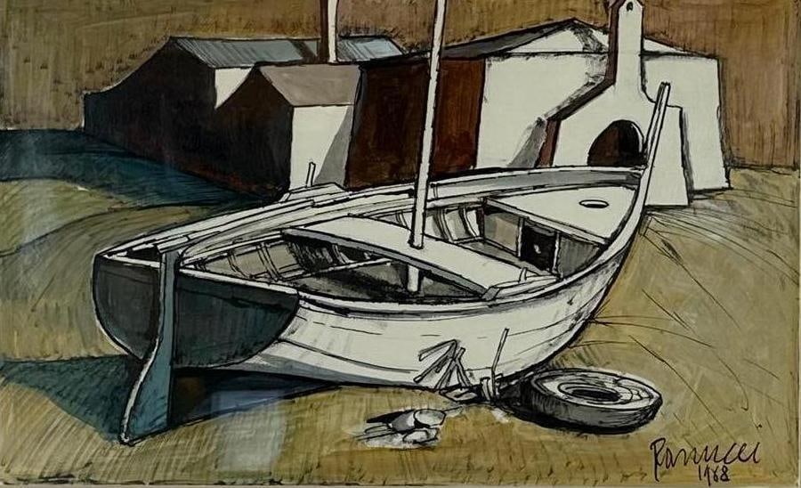SIGNED LUCIO RANUCCI, 1968 BOAT SCENE OIL PAINTING FRAMED: A framed, oil on canvas painting depicting a surreal harbor scene in a muted color palette. Art Approximate Dimensions: 13"L x 20”W Overall Approximate Dimensions: 17"L x 26.5”W Ar