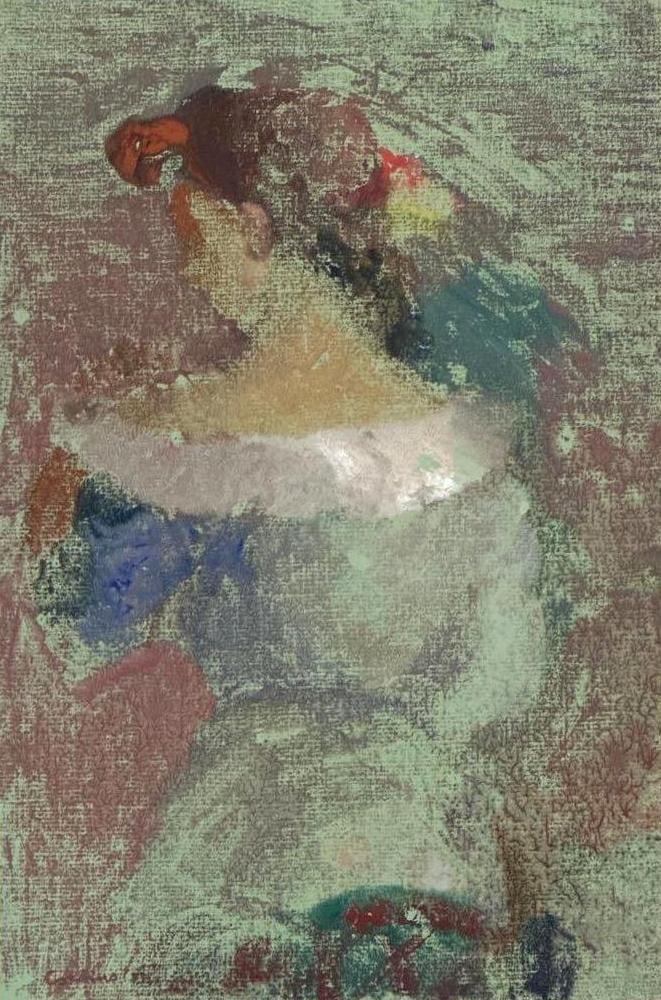 FRAMED JON CORBINO (1905-1964) MIX MEDIA WOMAN PORTRAIT: A framed, expressionist mixed media composition depicting a woman's back, signed & dated 1935. Art Approximate Dimensions: 16"L x 10”W Overall Approximate Dimensions: 20"L x 15&r