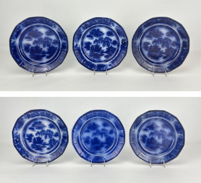 SET OF 6 ANTIQUE 19TH CENTURY PODMORE WALKER MANILLA FLOW BLUE PLATES: A set of six 19th-century Staffordshire ironstone salad plates in the Manilla pattern featuring a cobalt blue flow-transfer oriental pagoda scene under a pearl stoneware glaze. Approximate Dimensions: