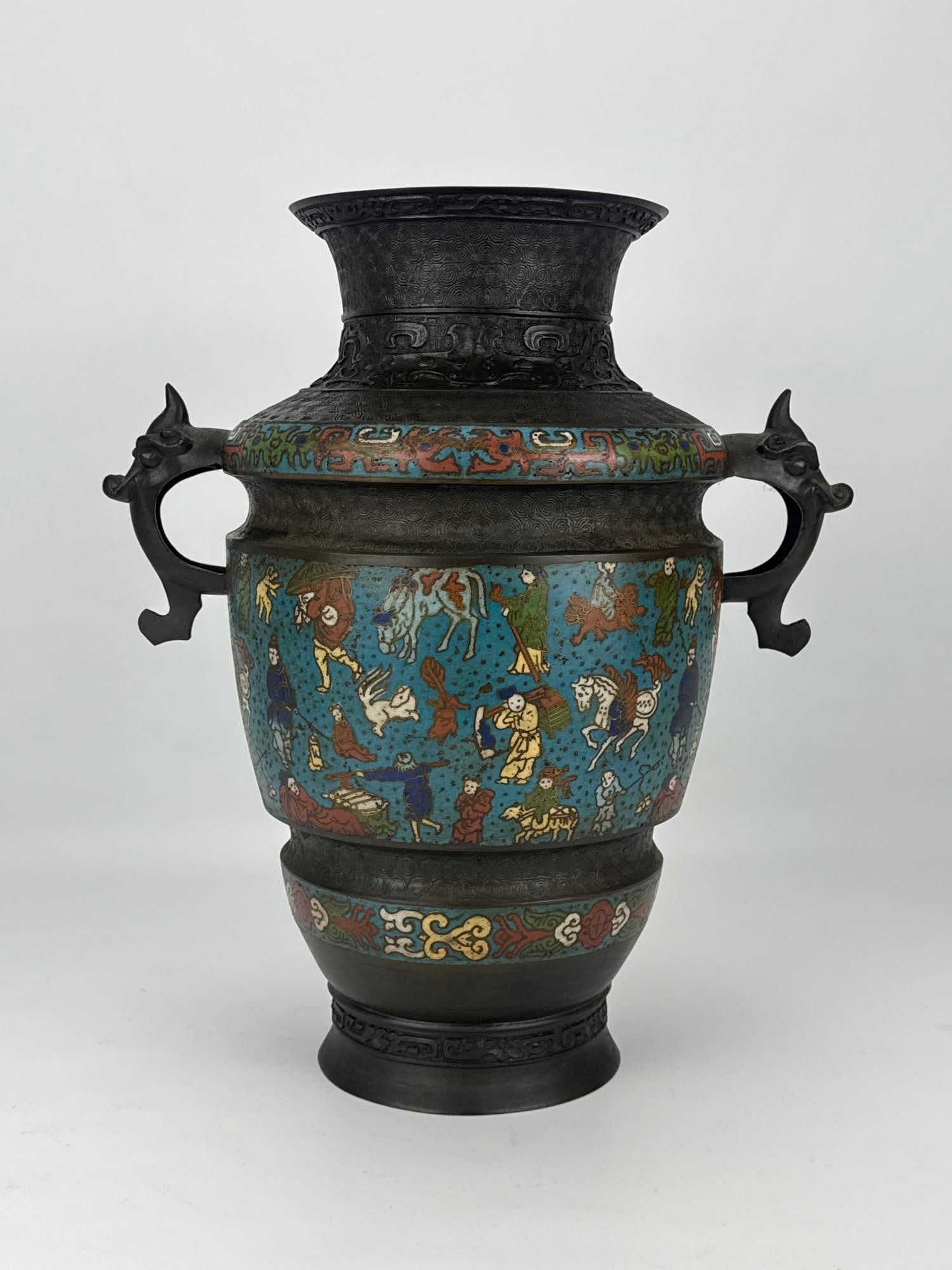 ANTIQUE CHINESE JINGDEZHEN CLOISONNE ENAMEL BRONZE TWO HANDLED VASE WITH MARK: Antique Chinese champleve and cloisonne enamel patinated bronze baluster vessel with a square four-character mark to the base, sculpted with dual stylized dragon handles flanking a turquoise-ground pi
