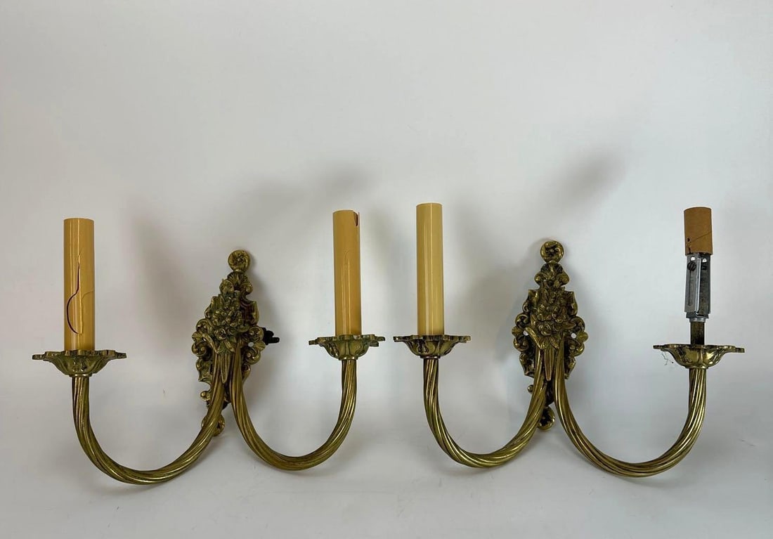 VINTAGE FRENCH LOUIS XV STYLE GILT BRONZE TWO LIGHT WALL SCONCES PAIR (1 of 8)