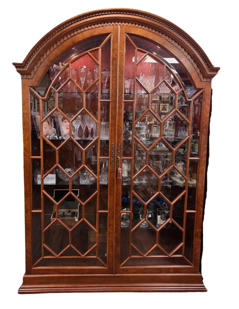 CARVED CHERRY WOOD ARCHED TALL VITRINE CURIO CABINET MULLION GLASS DOORS (1 of 20)