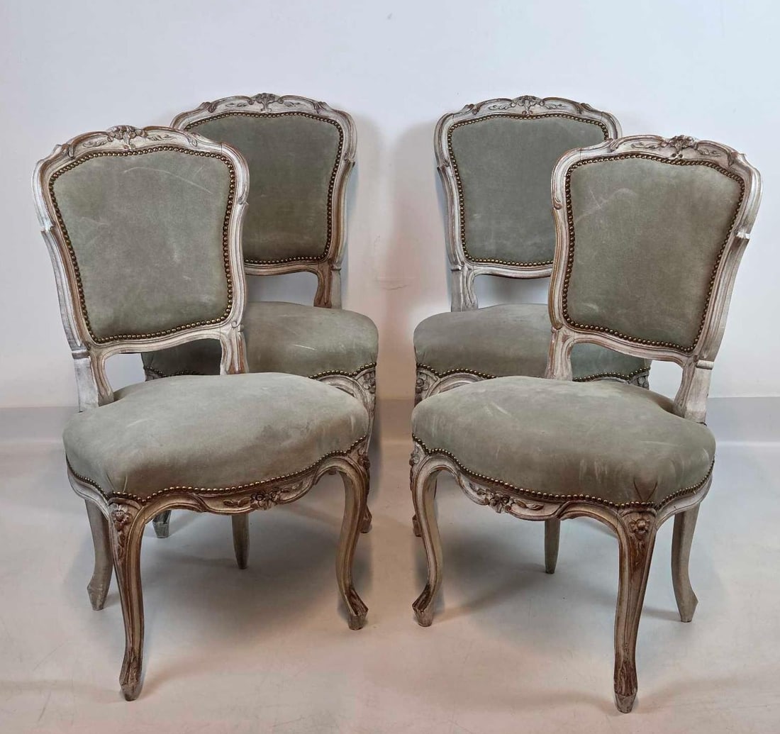 SET OF FOUR LOUIS XV STYLE SUEDE UPHOLSTERED SIDE CHAIRS: A vintage set of four Louis XV style dining or side chairs. Approximate Dimensions: 35" H X 20"W X 22" D Artist or Maker: Unknown Provenance: A New York Collector