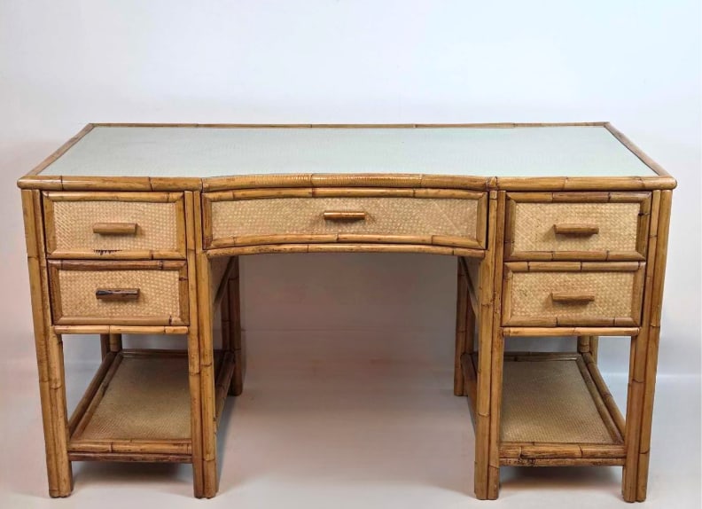 VINTAGE MID-CENTURY TROPICAL BAMBOO AND WOVEN RATTAN DESK (1 of 16)