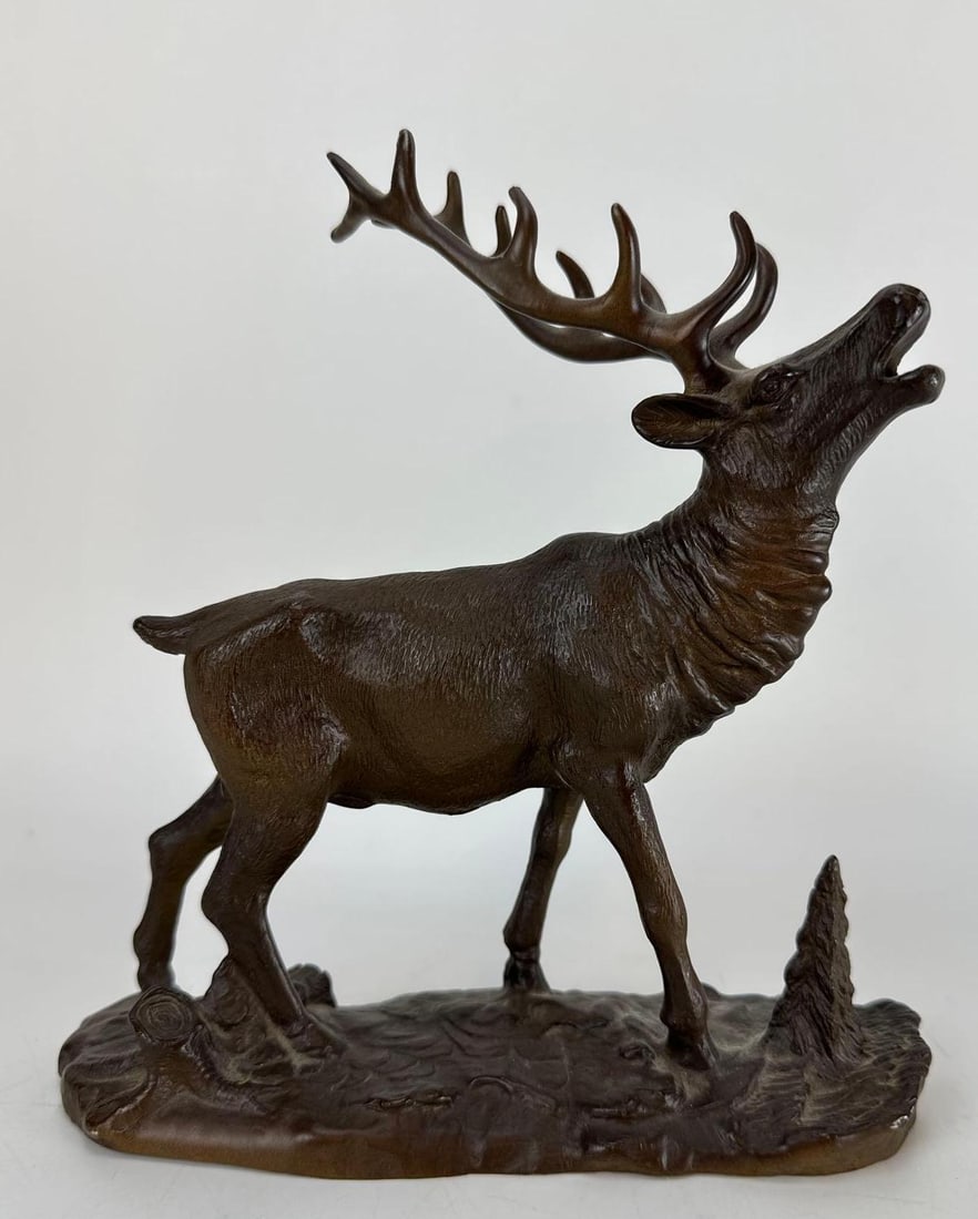 ANTIQUE AFTER PIERRE-JULES MÊNE BRONZE ELK STATUE: An antique 19th-century French animalier patinated bronze sculpture of a bugling stag / elk after renown sculptor Pierre-Jules Mêne, signed "P.J. MÊNE" in the casting. Approximate Dimensions