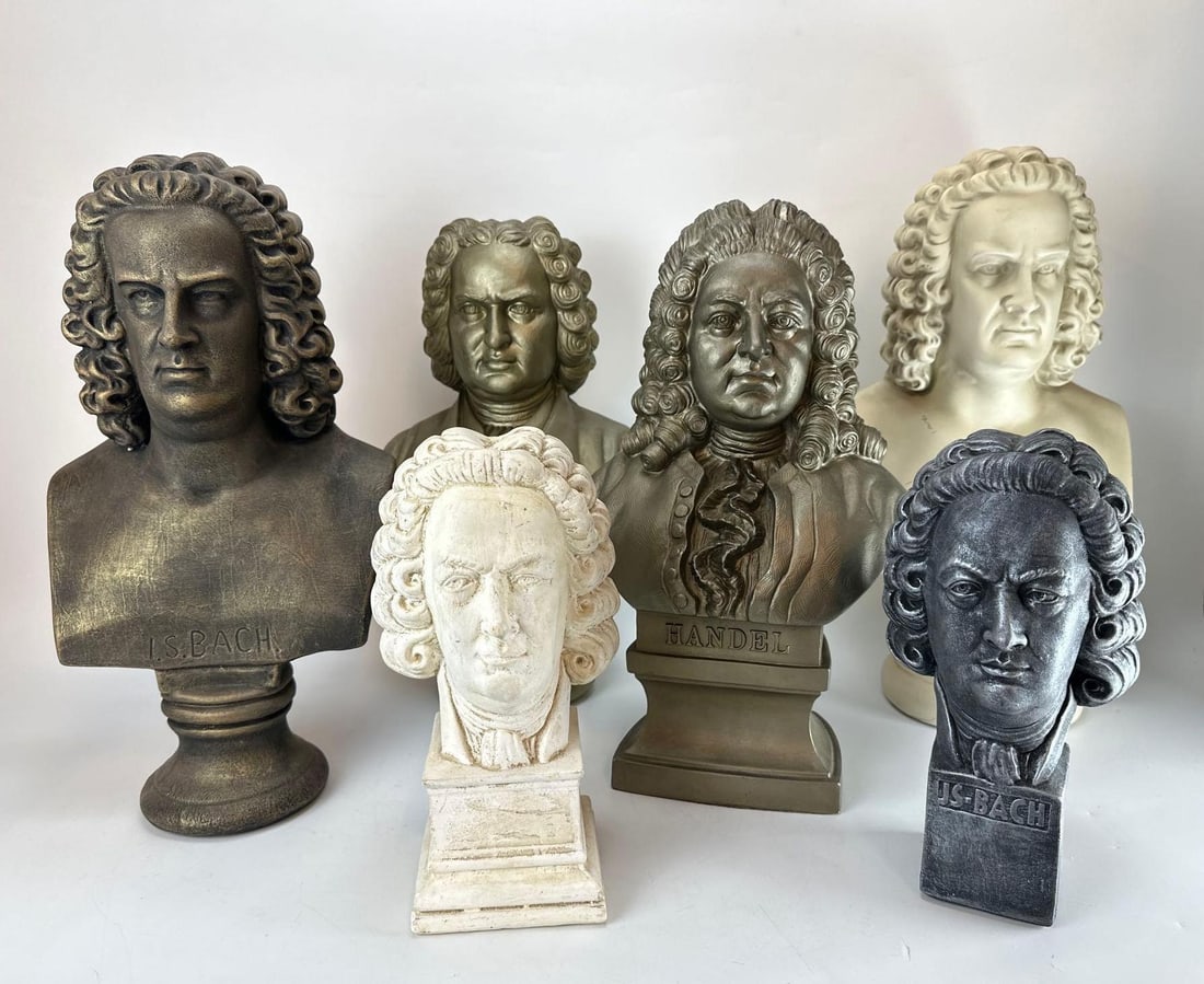 COLLECTION OF SIX VINTAGE CLASSICAL COMPOSER PORTRAIT BUSTS: Collection of six vintage composition and plaster portrait busts depicting classical Baroque and Classical era composers including Johann Sebastian Bach and George Frideric Handel rendered in various 