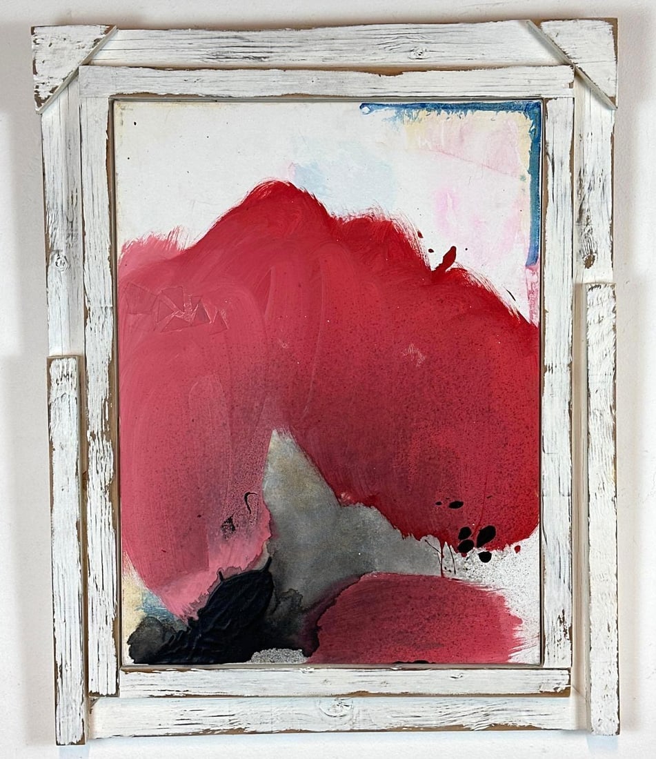 MID-CENTURY MODERN ZEN ABSTRACT EXPRESSIONIST PAINTING WITH ARTIST STAMP: Original mixed media abstract expressionist composition dominated by bold red and pink pigments with black ink accents on paper, housed in a custom white-painted wooden frame Approximate Dimensions: