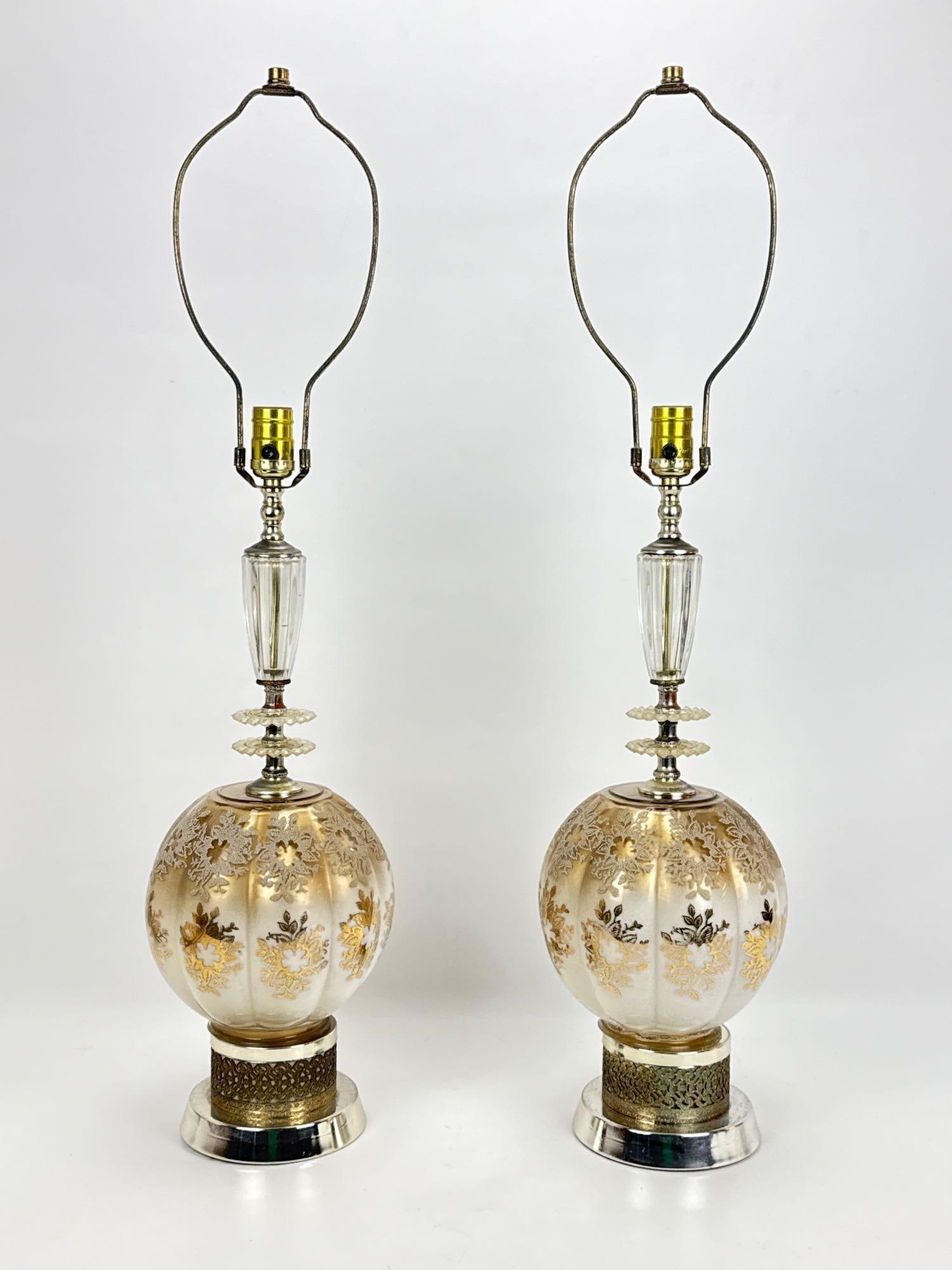 PAIR OF VINTAGE HOLLYWOOD REGENCY GILT FROSTED GLASS TABLE LAMPS ORIGINAL MATCHING SHADES: Pair of vintage mid-century Hollywood Regency style table lamps Approximate Dimensions: 18” H Xs7.5” Dia.; 36” H X 14” Dia. With shade Artist or Maker: Unknown