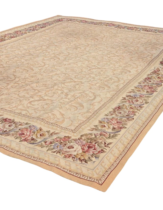 LARGE FRENCH AUBUSSON STYLE FLAT WOVEN WOOL RUG: Large room size traditional flat-woven wool carpet with an overall beige acanthus leaf scroll pattern and a wide multi-colored pastel floral rose garland border Approximate Dimensions: 10' 8" 