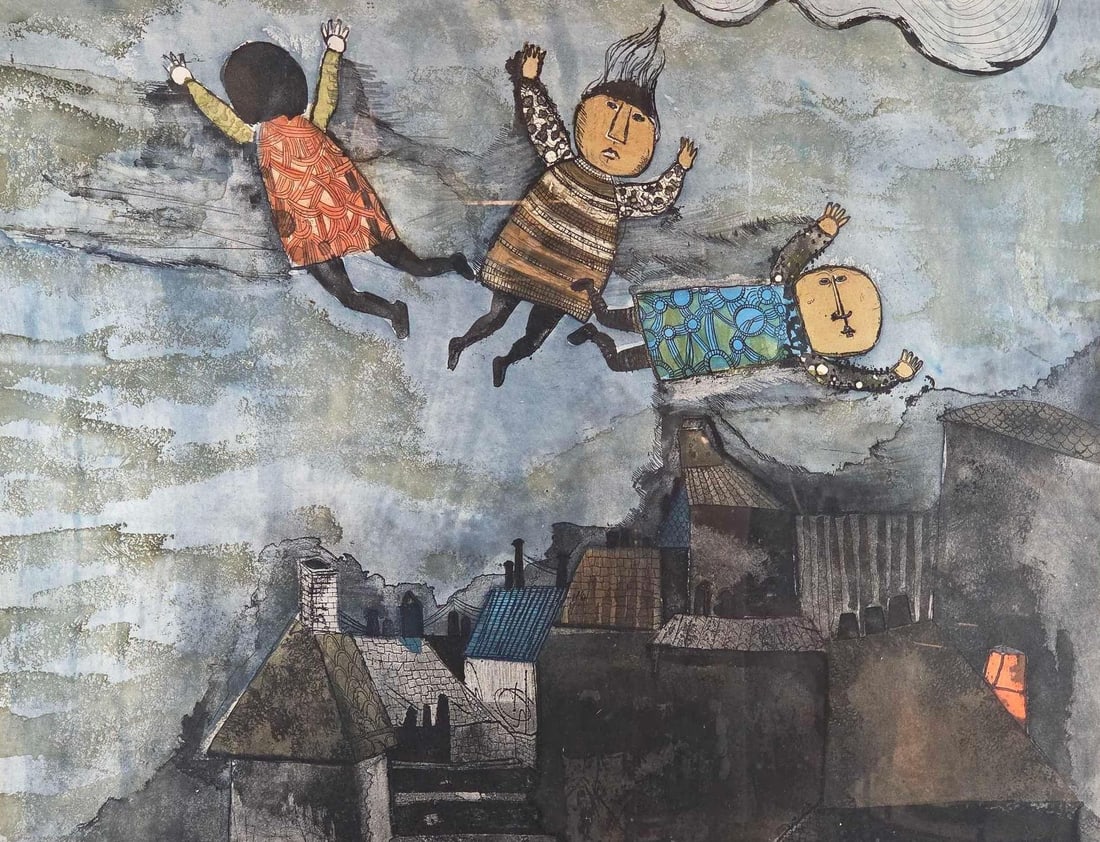 GRACIELA RODO BOULANGER SIGNED ARTIST PROOF COLOR LITHOGRAPH: Framed mid-century artist proof color lithograph depicting three stylized whimsically dressed children floating in mid-air over a village landscape of rooftops, signed by the artist, Approximate Dimen