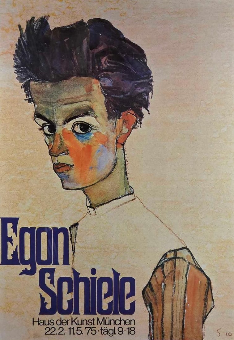 VINTAGE EGON SCHIELE 1975 HAUS DER KUNST MUNICH EXHIBITION POSTER: Large framed vintage offset lithograph museum exhibition poster from 1975 featuring a striking Egon Schiele self-portrait illustration with bold blue German typography. Approximate Dimensions: 33&rdqu