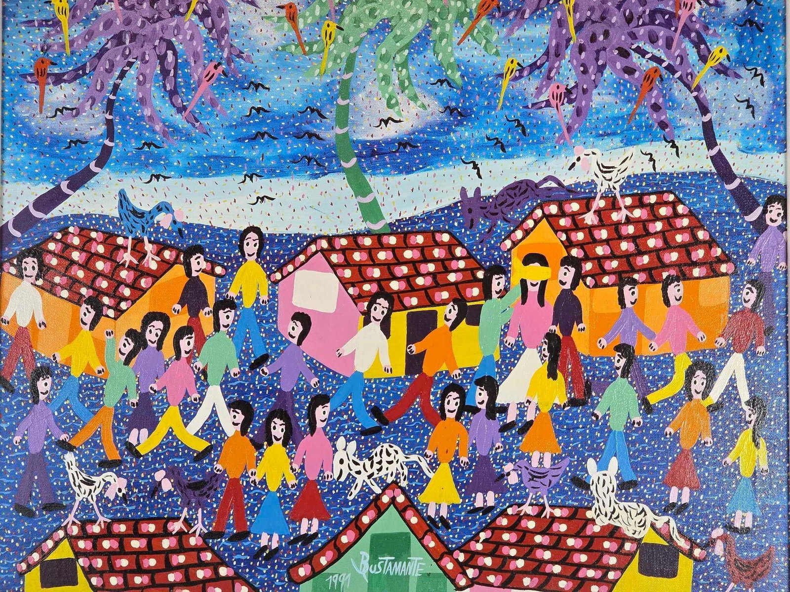 SERGIO BUSTAMANTE SIGNED MEXICAN FOLK ART VILLAGE OIL PAINTING (1 of 9)