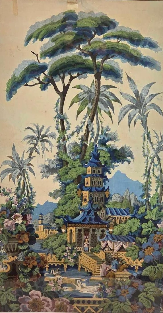 LARGE CHINOISERIE HAND-PAINTED SILK WALL PANEL SCENIC LANDSCAPE IN THE STYLE OF ZUBER: Large framed vintage Asian style gouache and ink painting on silk panel Approximate Dimensions: 58” x 30” ; frame 64” x 38” Artist or Maker: Unknown Prov