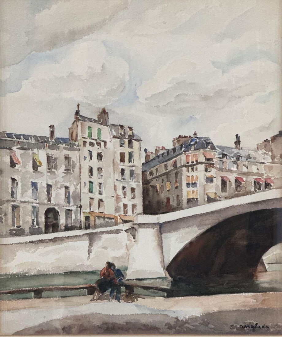 ANGLADA SIGNED PARISIAN BRIDGE WATERCOLOR PAINTING: Framed European Post-Impressionist style watercolor and ink painting. Approximate Dimensions: 18” x 15” ; frame 26” x 22” Artist or Maker: Signed Anglada Prove
