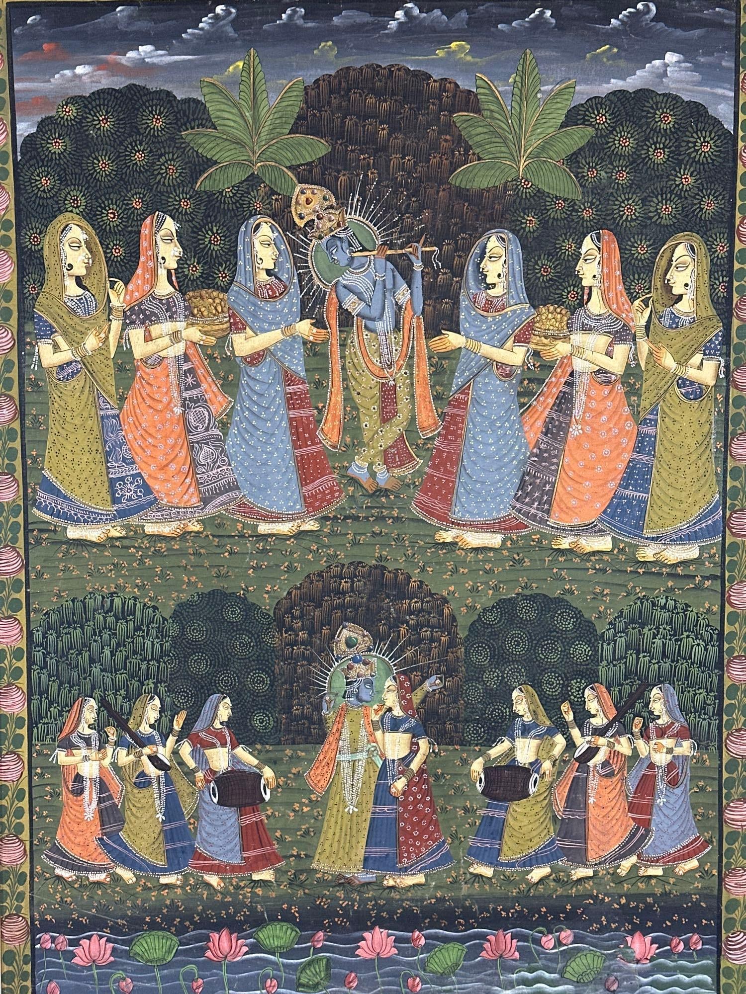 TRADITIONAL INDIAN PICHWAI ON SILK PAINTING OF RAAS LEELA: Large framed traditional Indian Nathdwara style devotional Pichwai gouache painting on silk fabric detailing the divine Raas Leela circle dance with Lord Krishna multiplied among worshipping Gopis und