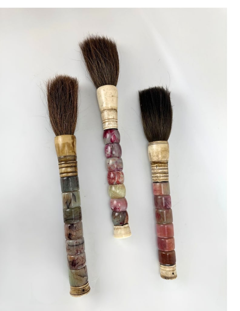 THREE-PIECE CHINESE HARDSTONE AND BONE CALLIGRAPHY BRUSH SET (1 of 8)