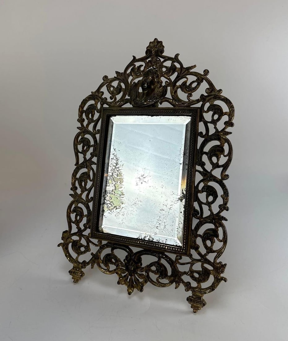 ORNATE ANTIQUE FRENCH ROCOCO REVIVAL BRASS CHERUB VANITY MIRROR (1 of 9)