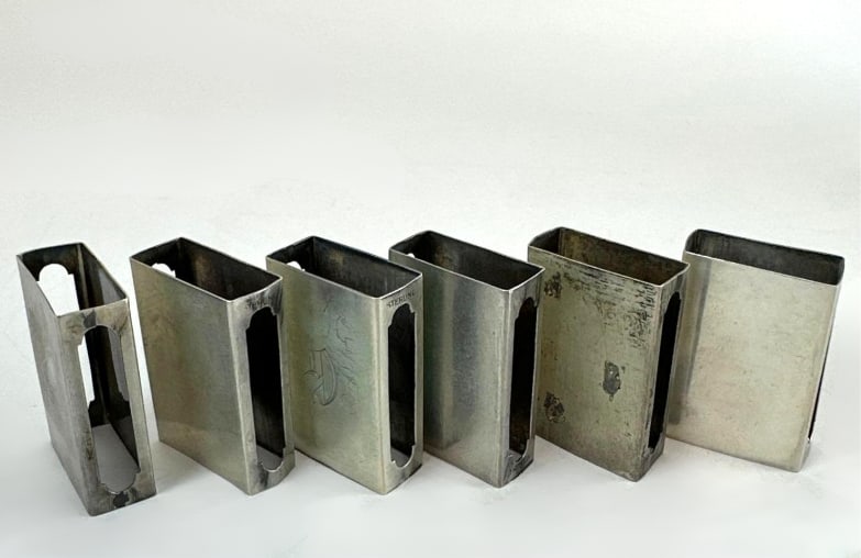 SET OF 6 VINTAGE STERLING SILVER MINIATURE MATCHBOX HOLDERS: Set of six vintage small sterling silver matchbox slide sleeves,monogrammed. Approximate Dimensions: 1 5/8”x1”x.5” Total Approximate Weight: 1.97ozt Artist or Maker: Unknown Provenan