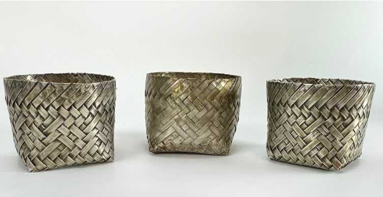 SET OF 3 VINTAGE MEXICAN STERLING SILVER HAND WOVEN MINIATURE BASKETS (1 of 6)