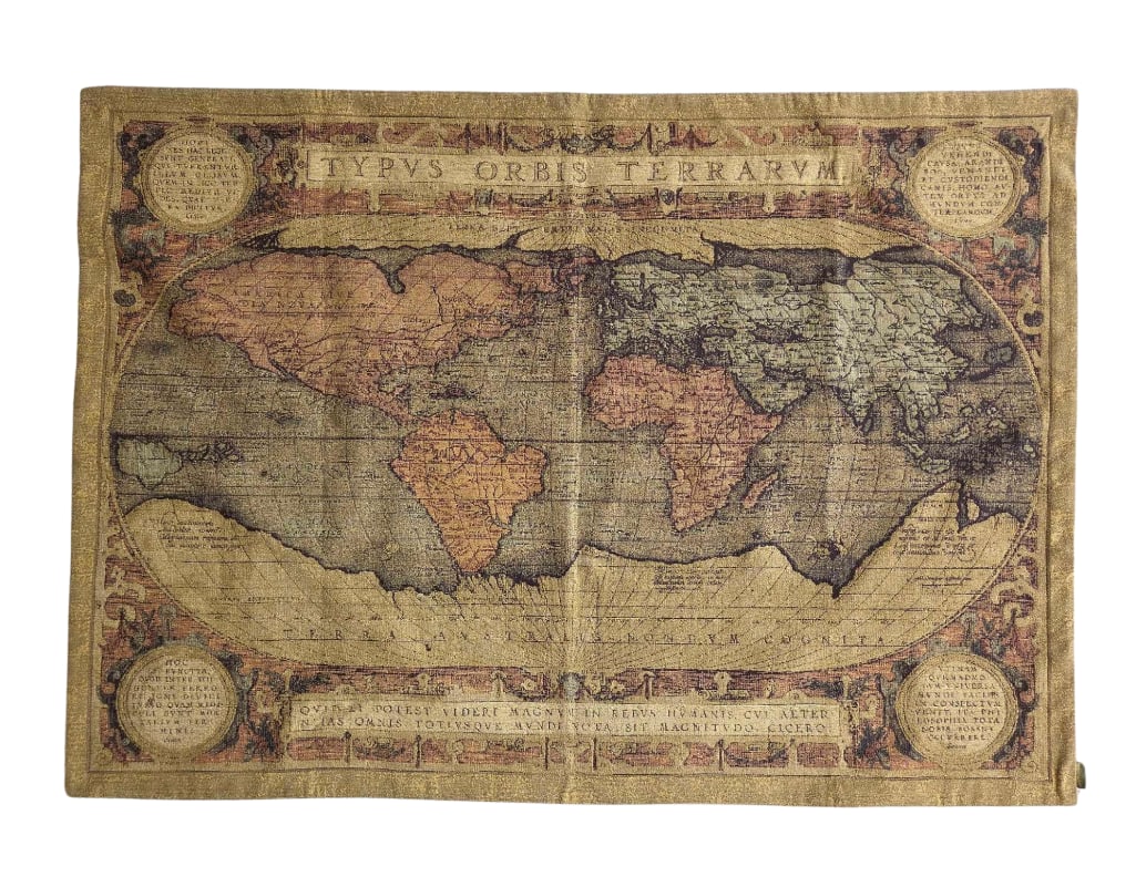 RUE DES GOBELINS MADE IN RUSSIA WORLD MAP TAPESTRY WALL HANGING: Woven cotton-blend textile wall art recreating an ancient double hemisphere world map titled Typvs Orbis Terrarvm finished with a gold metallic thread border Approximate Dimensions: 3' 2" x 4&