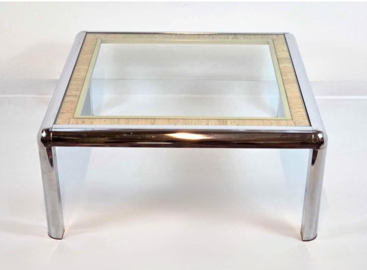VINTAGE PACE STYLE CHROME AND RATTAN GLASS TOP COFFEE TABLE (1 of 9)