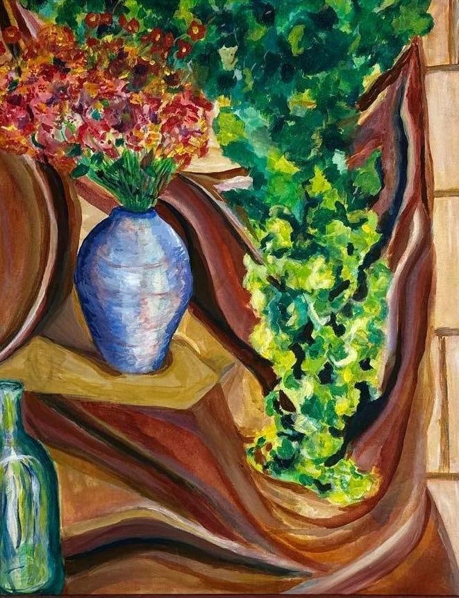 MID-CENTURY EXPRESSIONIST STILL LIFE WITH BLUE VASE OIL PAINTING: An original, mid-20th-century oil on canvas painting depicting a vibrant floral bouquet in a blue ceramic vase alongside cascading green foliage against a draped fabric backdrop. Overall Approximate D