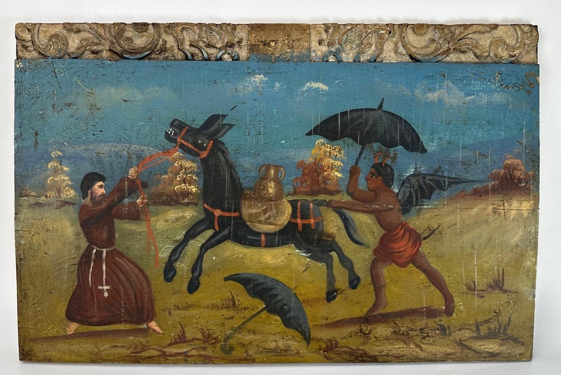 ANTIQUE SPANISH COLONIAL OIL PAINTING ON WOOD PANEL (1 of 6)